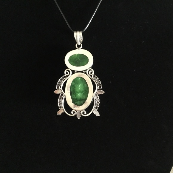 GREEN DRUZY LARGE STERLING SILVER PENDANT WITH FREE BLACK SILK CHAIN W/EXTENDER - Picture 3 of 7